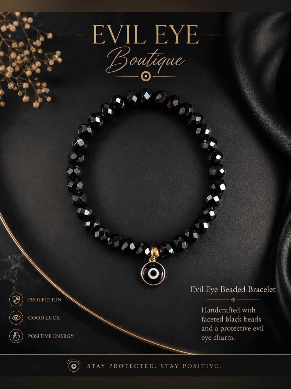 Black Faceted Bead Bracelet with Protective Charm